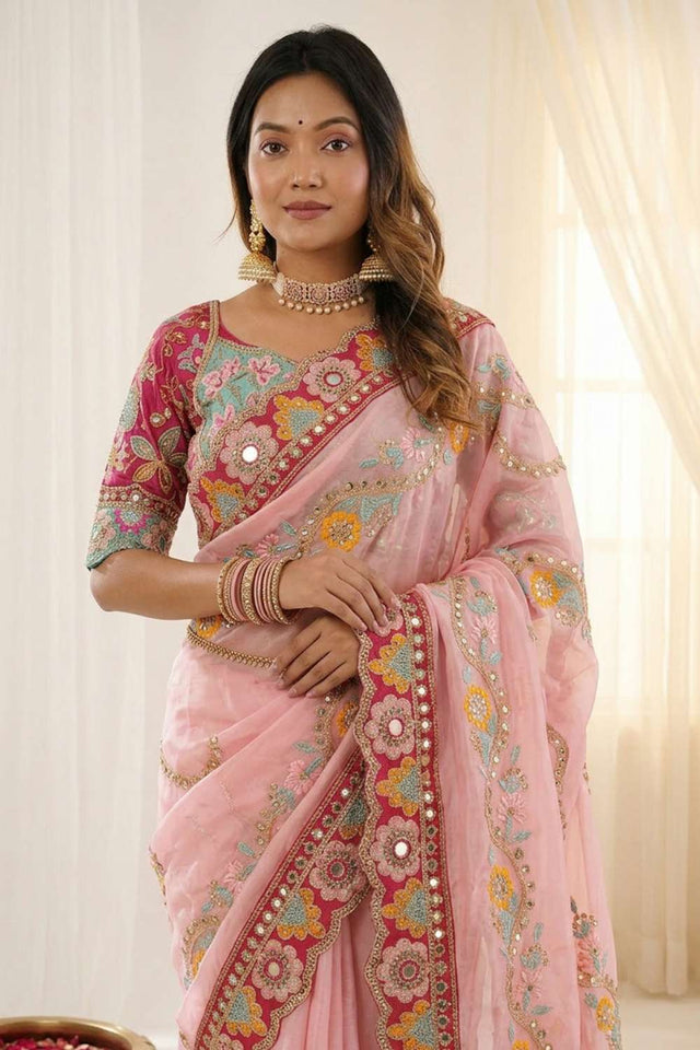 Pink Embroidered Silk Saree (ACA8422)