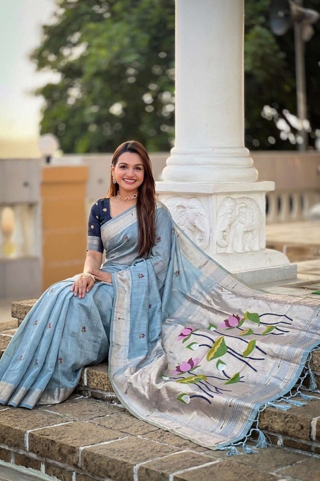 Turquoise Woven Cotton Blend Saree (ACA8440)