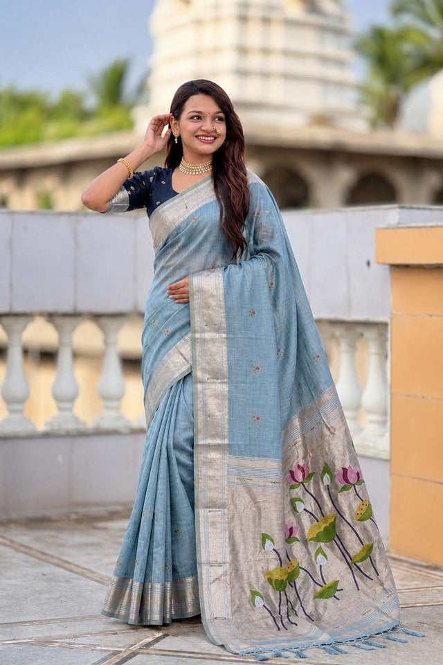 Turquoise Woven Cotton Blend Saree (ACA8440)