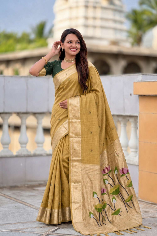 Mustard Woven Cotton Blend Saree (ACA8441)