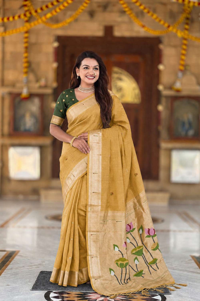 Mustard Woven Cotton Blend Saree (ACA8441)