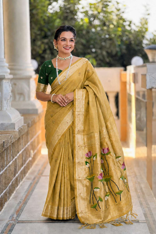 Mustard Woven Cotton Blend Saree (ACA8441)