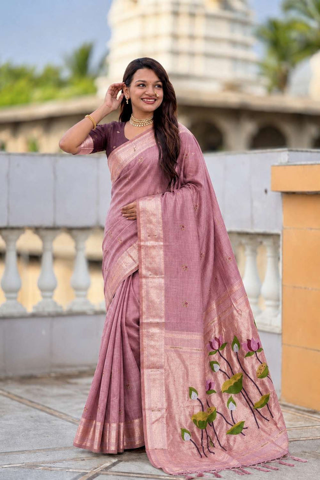 Pink Woven Cotton Blend Saree (ACA8442)