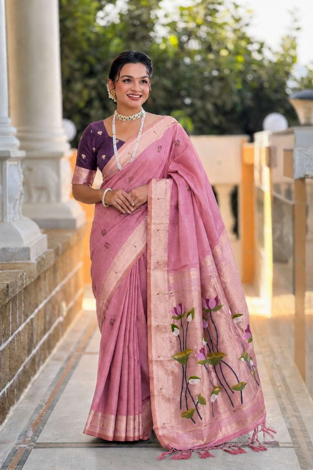 Pink Woven Cotton Blend Saree (ACA8442)