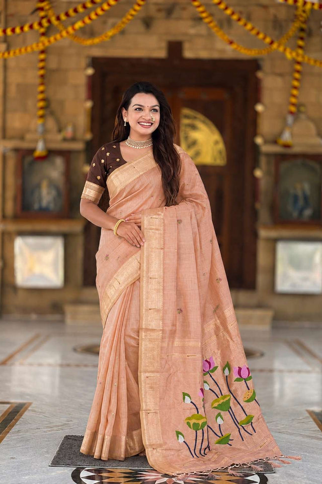 Peach Woven Cotton Blend Saree (ACA8444)