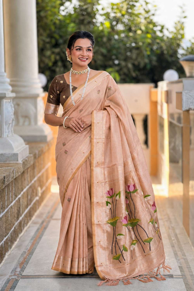 Peach Woven Cotton Blend Saree (ACA8444)