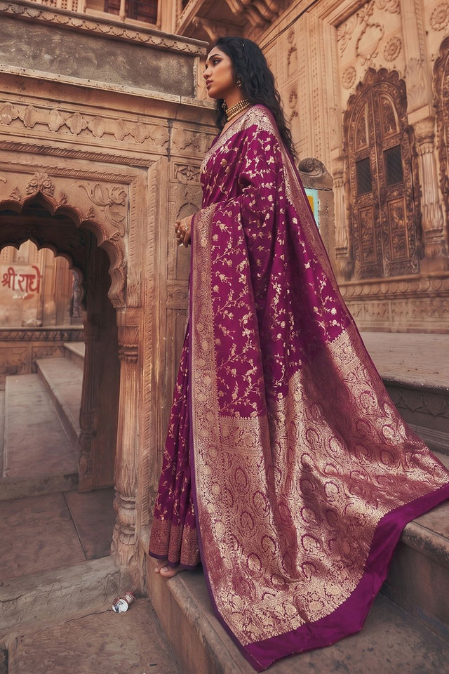 Wine Floral Woven Art Silk Saree (ACA8453)