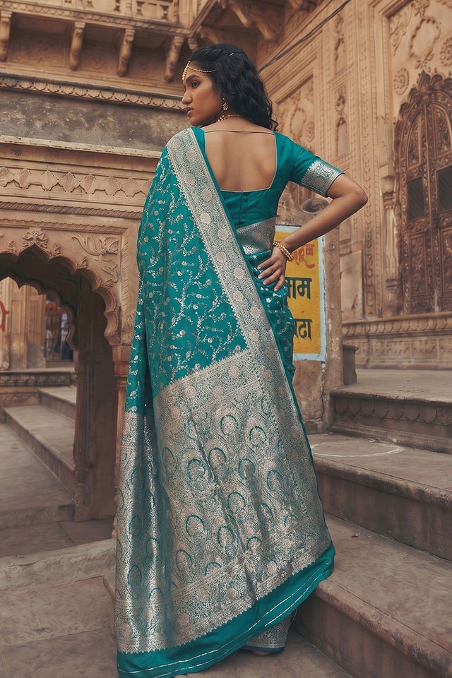 Turquoise Floral Woven Art Silk Saree (ACA8456)