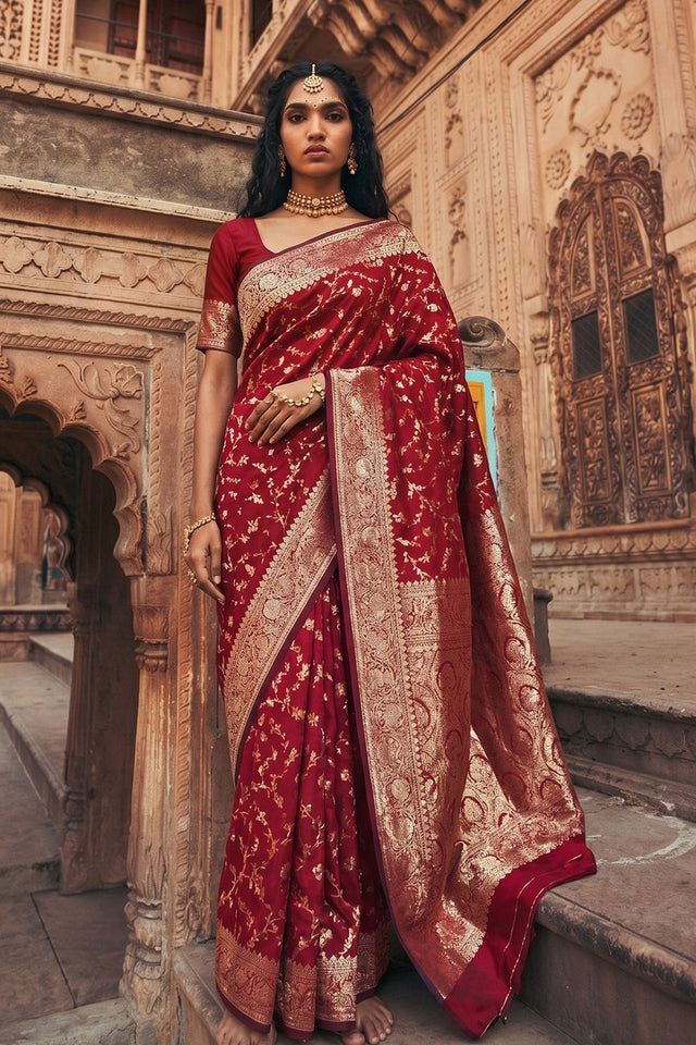 Maroon Floral Woven Art Silk Saree (ACA8457)