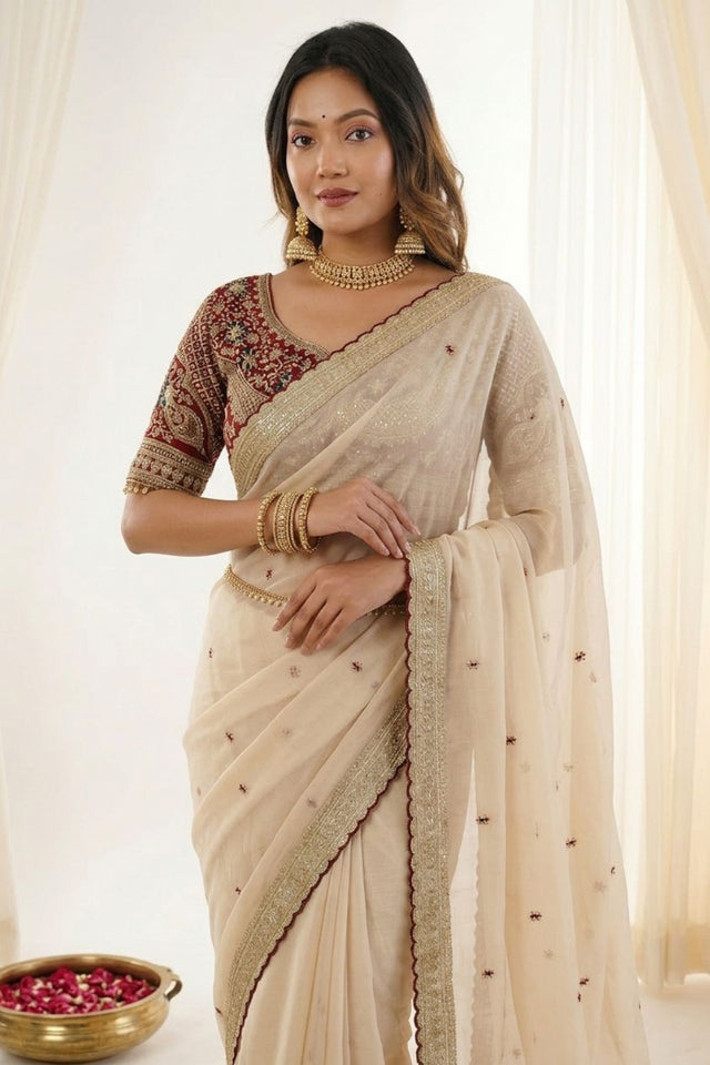 Beige Embroidered Silk Saree (ACA8458)