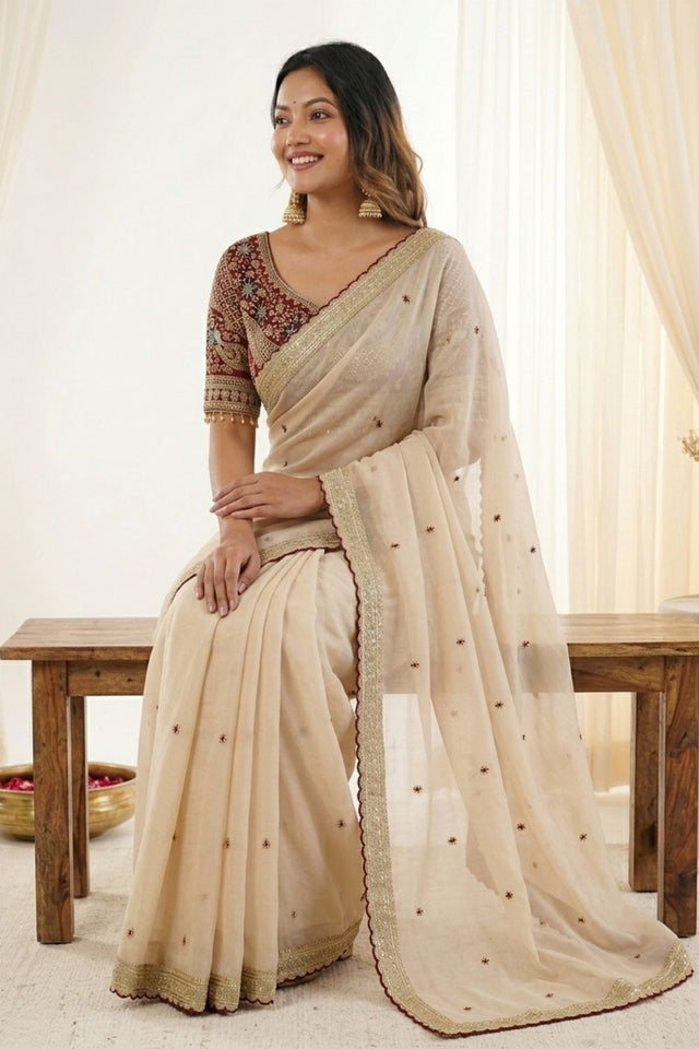 Beige Embroidered Silk Saree (ACA8458)