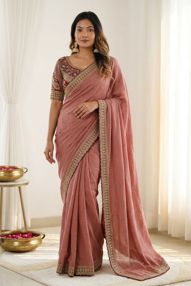 Pink Embroidered Silk Saree (ACA8460)