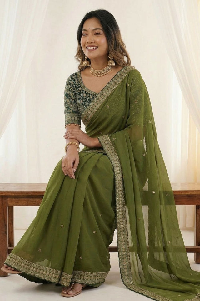 Mehendi Embroidered Silk Saree (ACA8461)