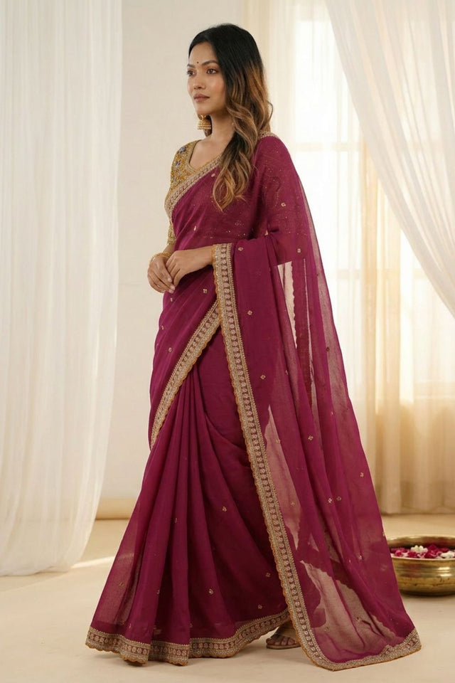 Maroon Embroidered Silk Saree (ACA8462)