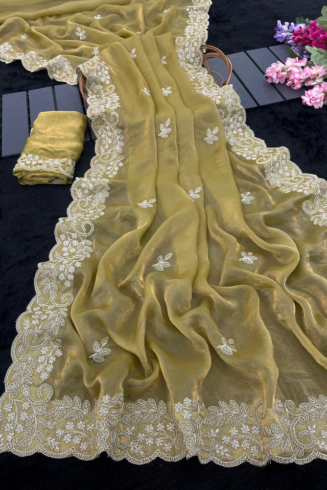 Gold Embroidered Satin Saree (ACA8464)
