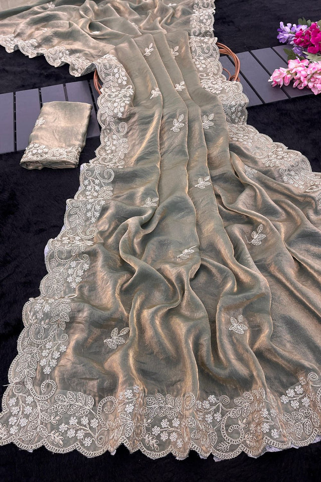 Green Embroidered Satin Saree (ACA8465)