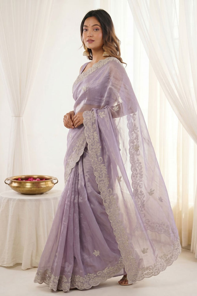 Lavender Embroidered Satin Saree (ACA8466)