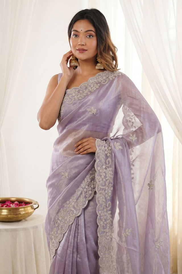 Lavender Embroidered Satin Saree (ACA8466)