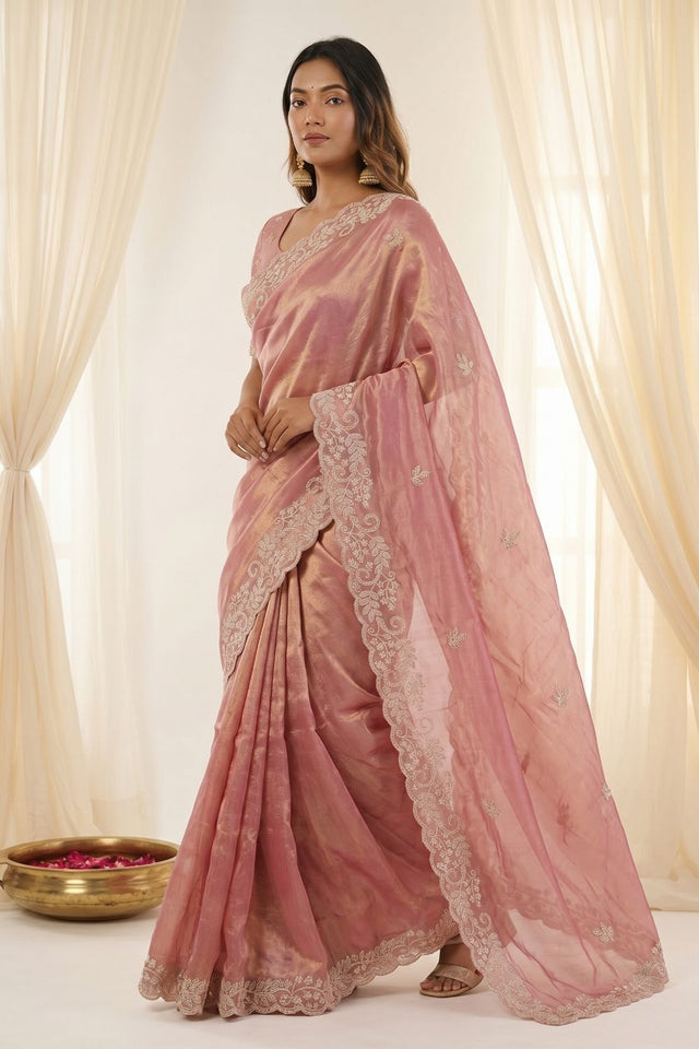 Pink Embroidered Satin Saree (ACA8467)