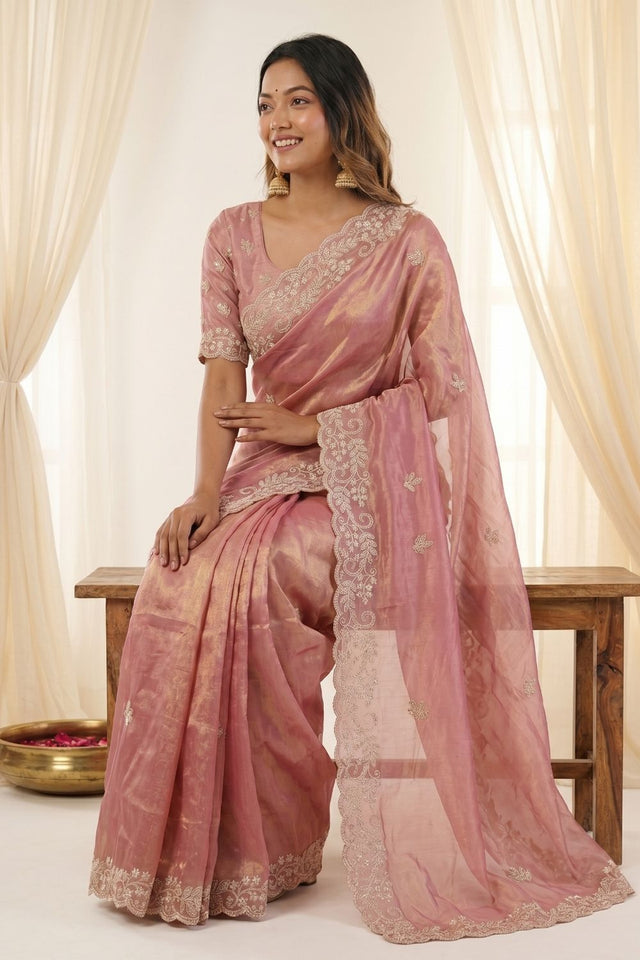 Pink Embroidered Satin Saree (ACA8467)