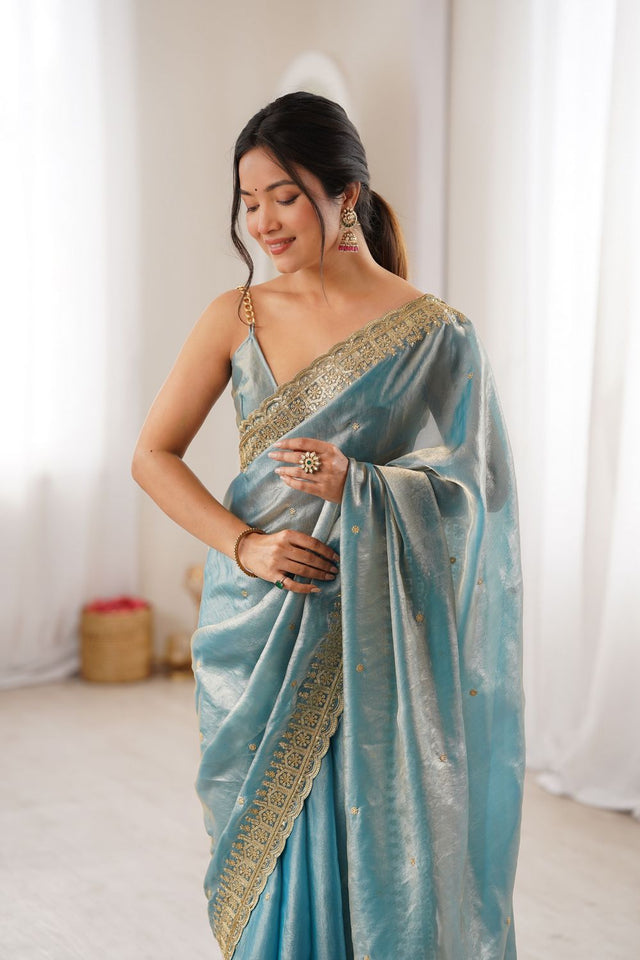 Blue Sequin with Embroidered Satin Saree (ACA8488)