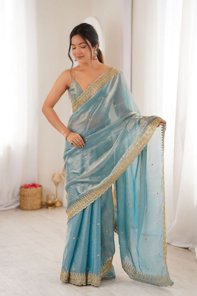 Blue Sequin with Embroidered Satin Saree (ACA8488)