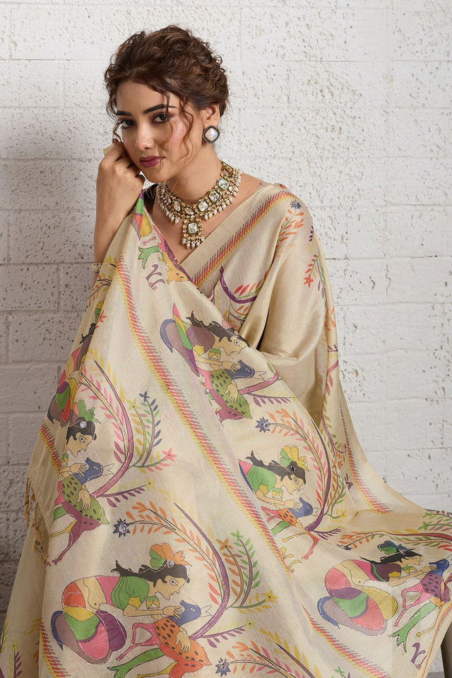Beige Woven with Printed Linen Saree (ACA8489)