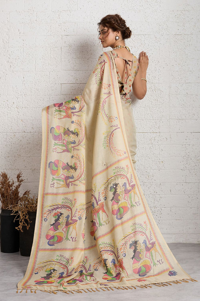 Beige Woven with Printed Linen Saree (ACA8489)