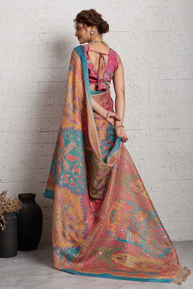 Multi-Color Woven with Printed Linen Saree (ACA8491)