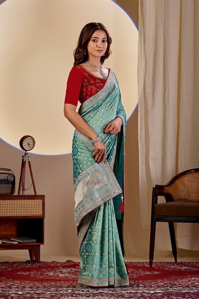 Sea-Green Printed with Embroidered Silk Saree (ACA8492)