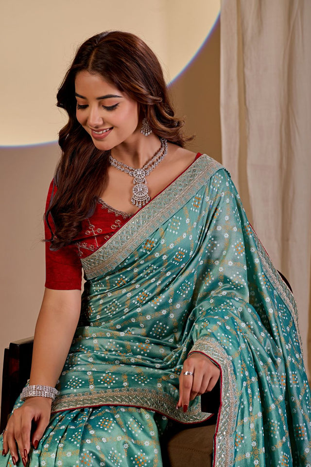 Sea-Green Printed with Embroidered Silk Saree (ACA8492)