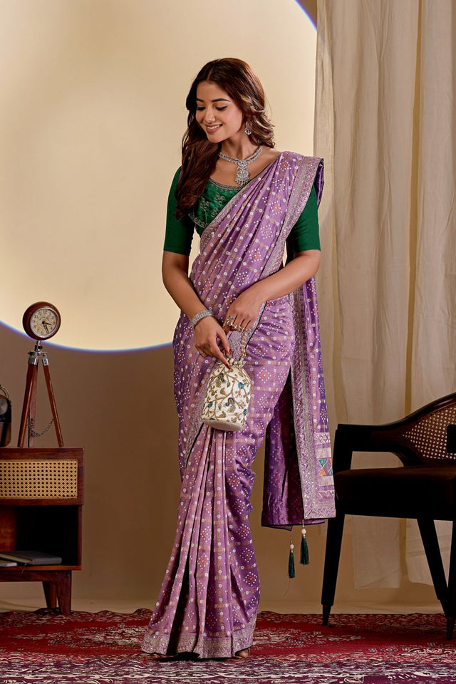 Violet Printed with Embroidered Silk Saree (ACA8493)