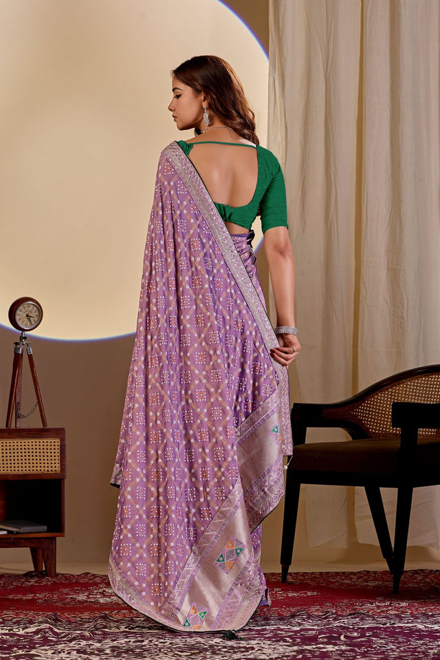 Violet Printed with Embroidered Silk Saree (ACA8493)