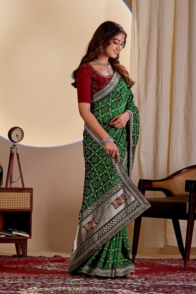 Green Printed with Embroidered Silk Saree (ACA8494)