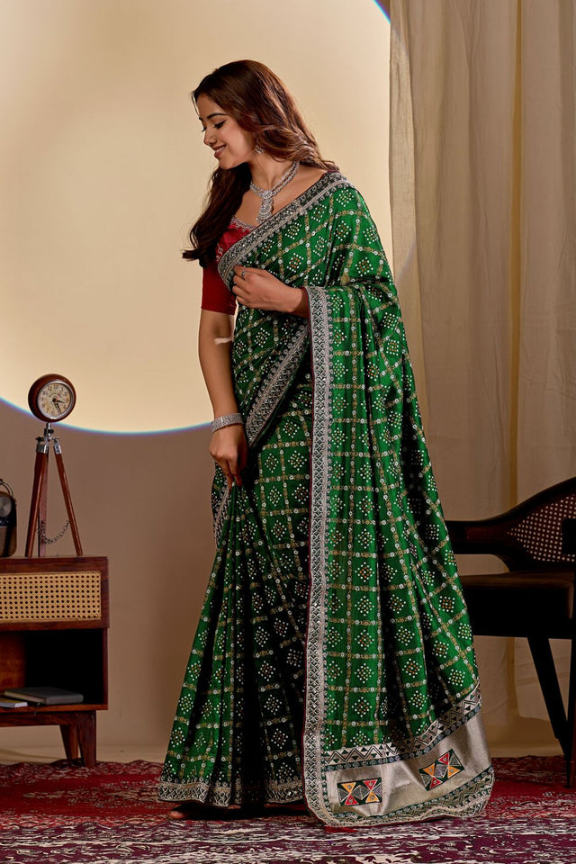 Green Printed with Embroidered Silk Saree (ACA8494)