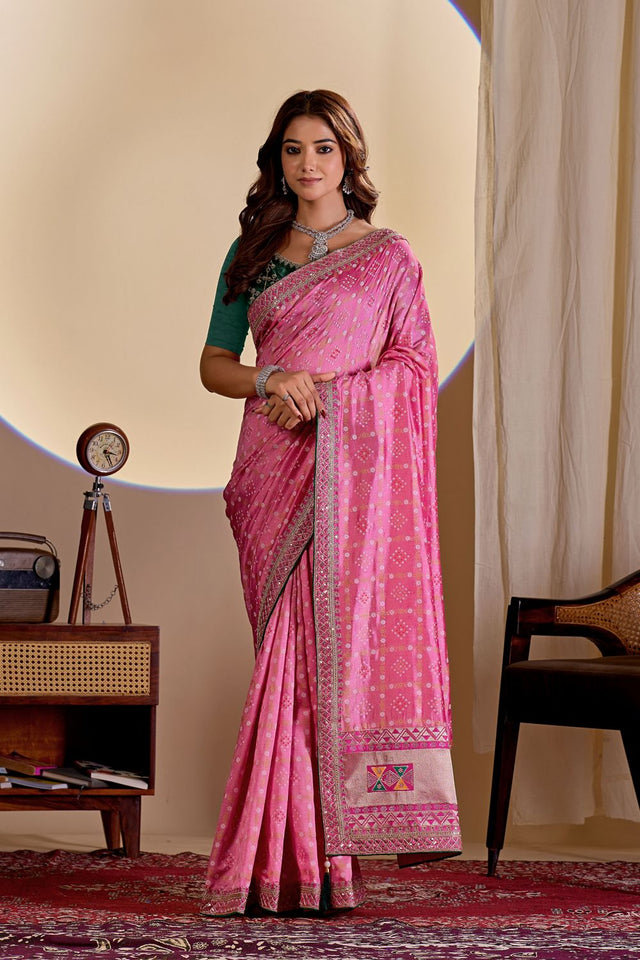 Pink Printed with Embroidered Silk Saree (ACA8495)