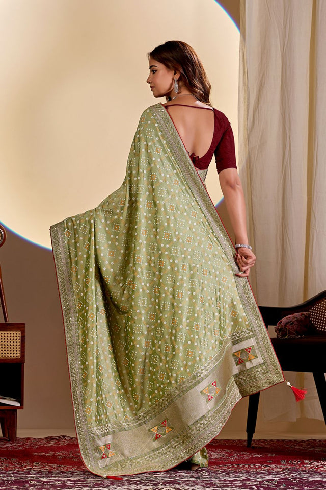 Green Printed with Embroidered Silk Saree (ACA8496)