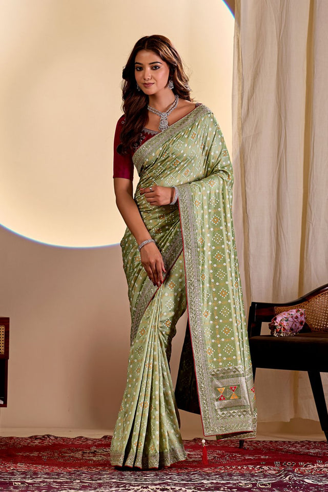 Green Printed with Embroidered Silk Saree (ACA8496)