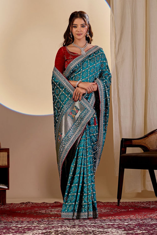 Turquoise Printed with Embroidered Silk Saree (ACA8497)