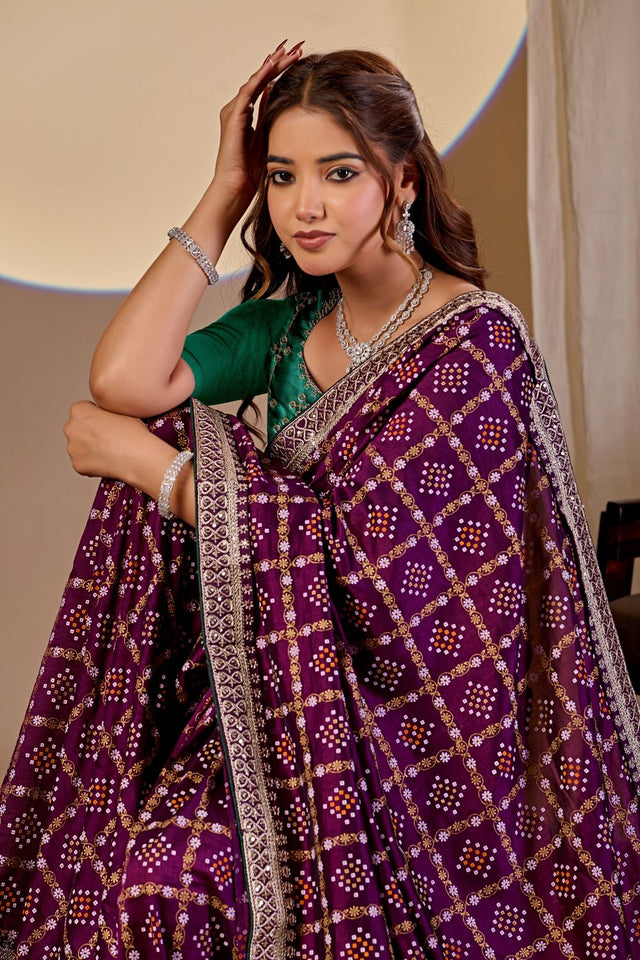 Wine Printed with Embroidered Silk Saree (ACA8498)