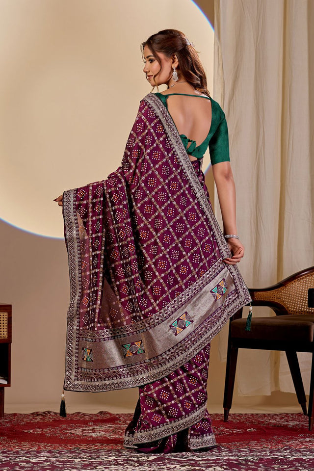 Wine Printed with Embroidered Silk Saree (ACA8498)
