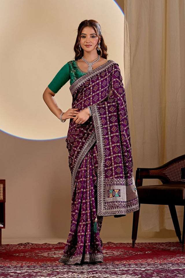 Wine Printed with Embroidered Silk Saree (ACA8498)