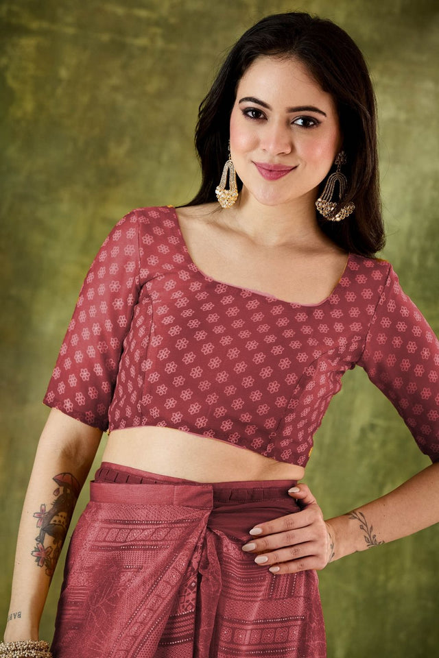 Brown Printed Chiffon Ready to Wear Saree (ACA8501)
