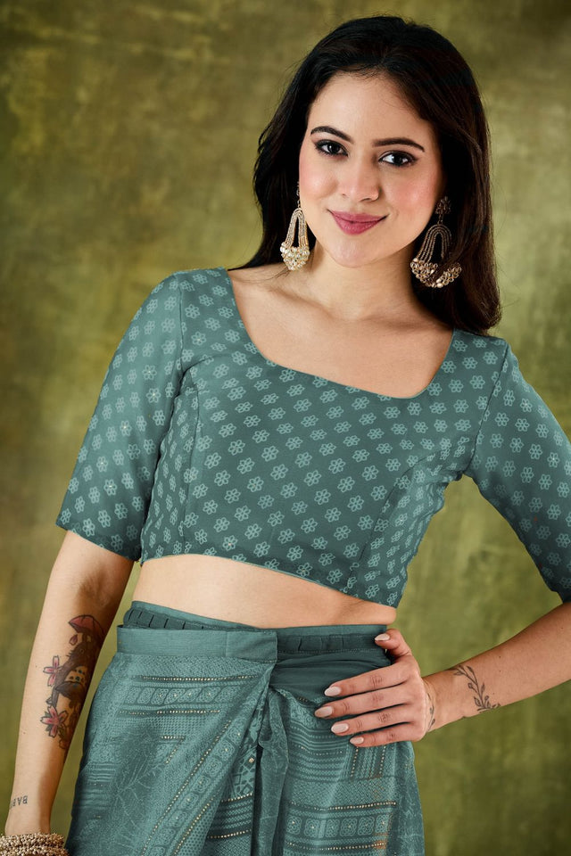 Green Printed Chiffon Ready to Wear Saree (ACA8502)