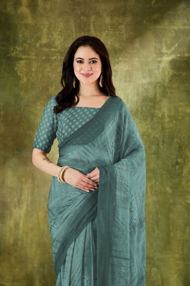 Green Printed Chiffon Ready to Wear Saree (ACA8502)