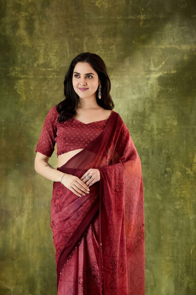 Maroon Printed Chiffon Ready to Wear Saree (ACA8503)