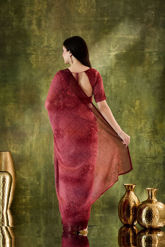 Maroon Printed Chiffon Ready to Wear Saree (ACA8503)