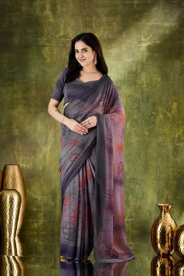 Violet Printed Chiffon Ready to Wear Saree (ACA8505)