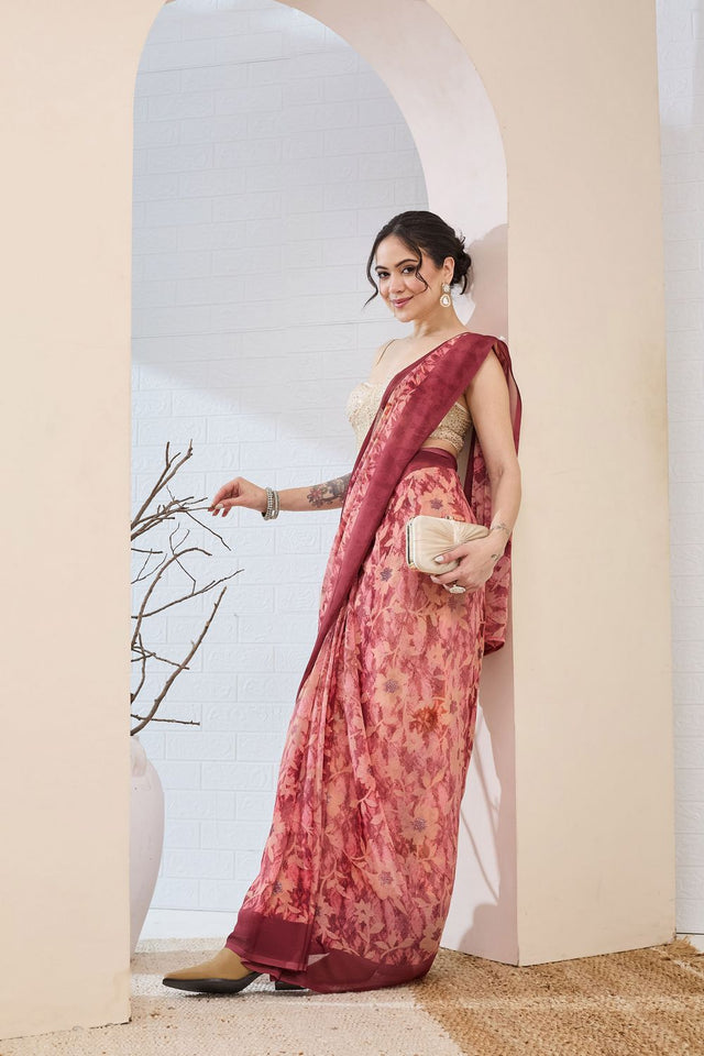 Rust Printed Chiffon Ready to Wear Saree (ACA8507)