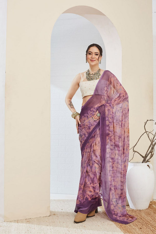 Violet Printed Chiffon Ready to Wear Saree (ACA8508)